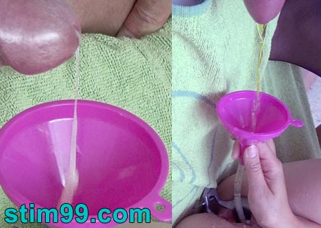 Filling her bladder with semen and piss using a funnel into her urethra